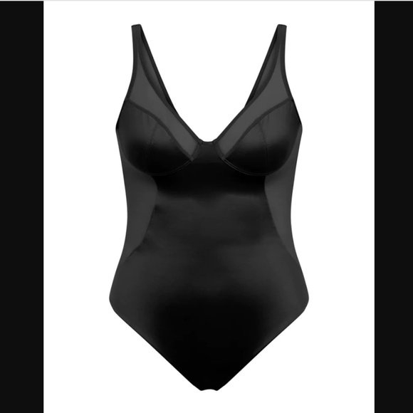 NWT Spanx Black Satin Shaping Mesh Thong Bodysuit XS - Picture 1 of 13